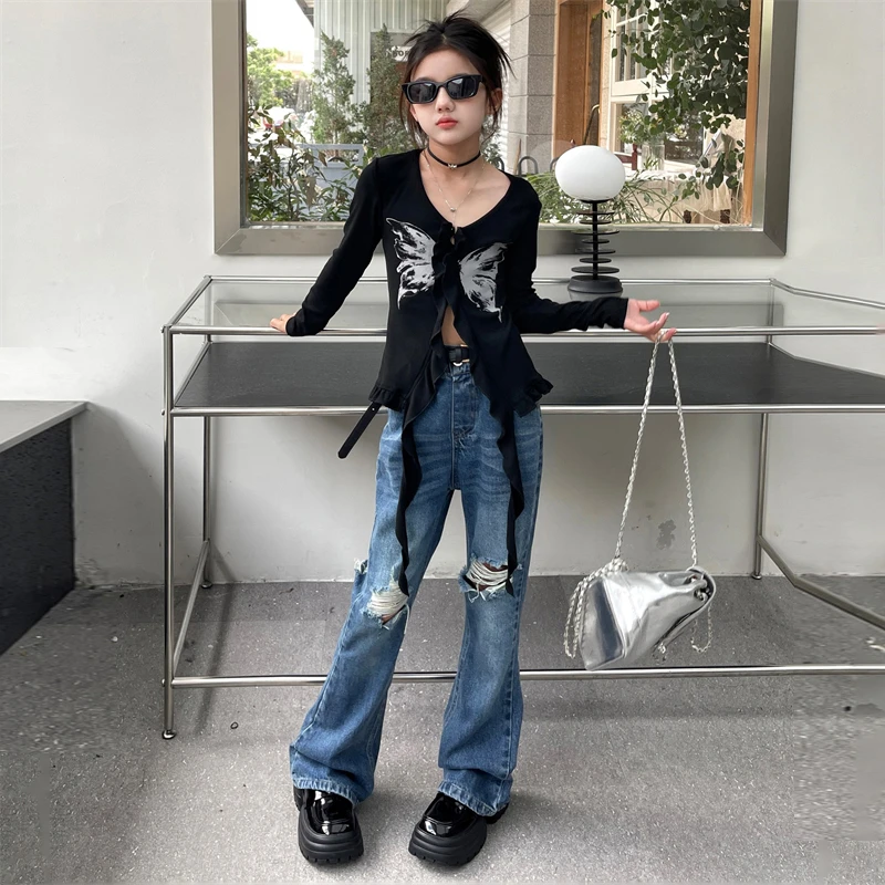 【毛妈潮牌】女童夏季牛仔破洞喇叭裤2025大童高腰百搭微喇叭牛仔裤