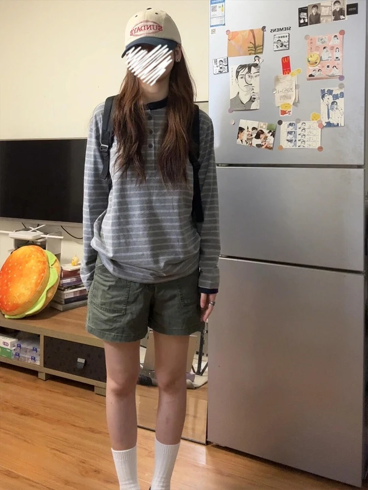 美式复古亨利领条纹长袖t恤女秋季撞色拼接宽松显瘦百搭情侣上衣