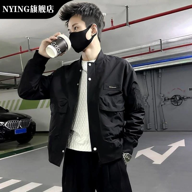 NYING男士工装外套秋季上衣新款潮牌刺绣痞帅休闲夹克修身棒球服
