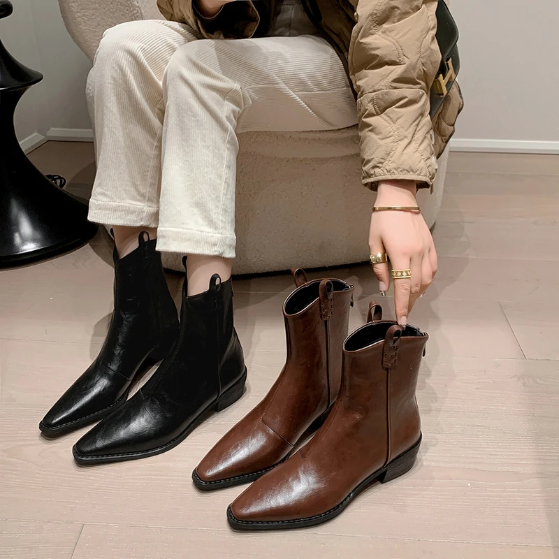 然然初短靴女2025秋冬中跟真皮百搭切尔西靴粗跟靴子潮尖头马丁靴
