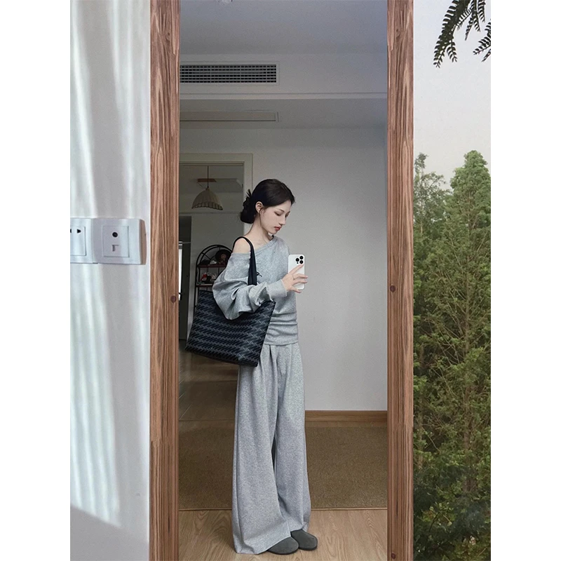 INS CEC韩系设计感短款长袖露肩上衣高腰显瘦阔腿休闲裤两件套女