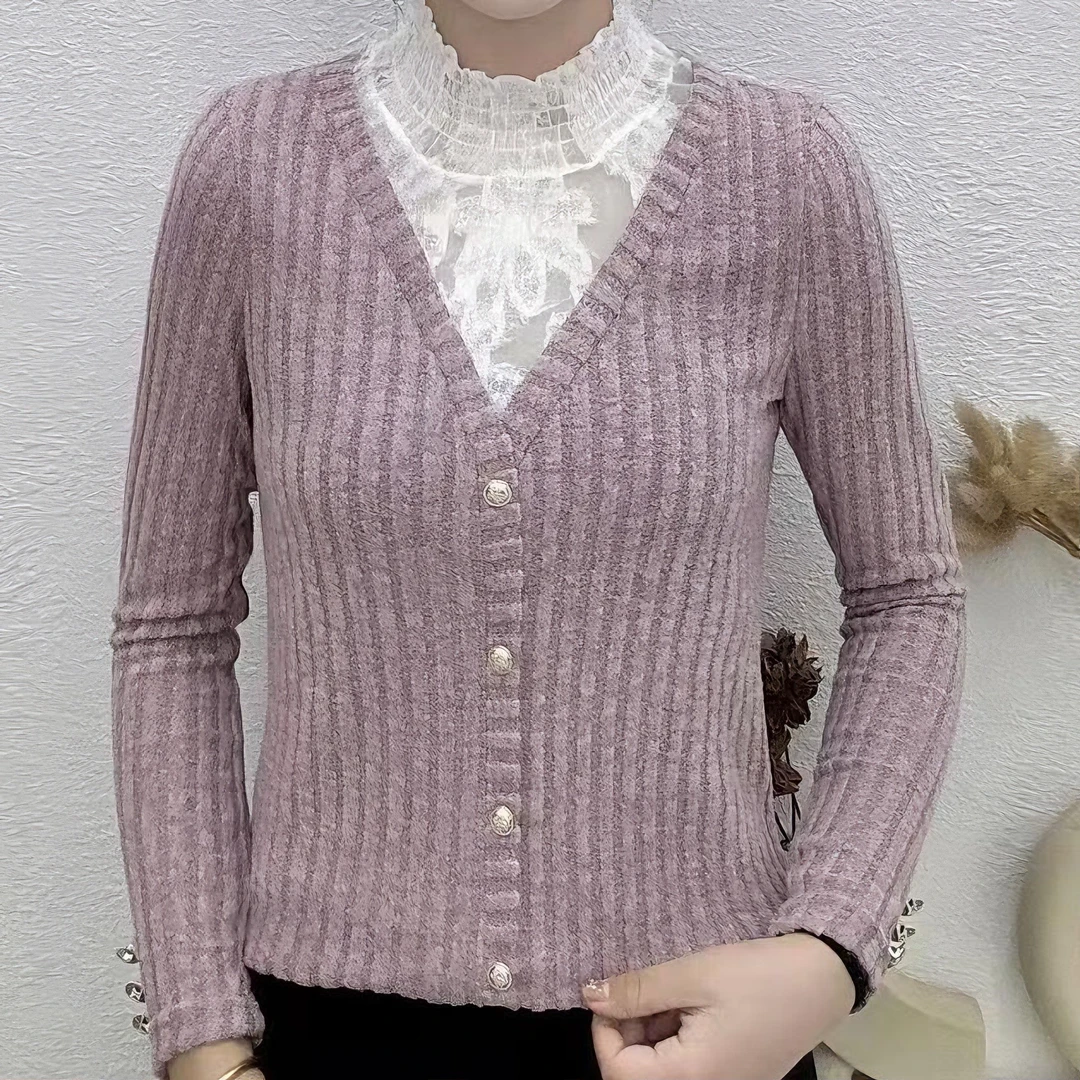 2025年春季新款假两件衬衫女纯色花边百搭显瘦气质衬衣