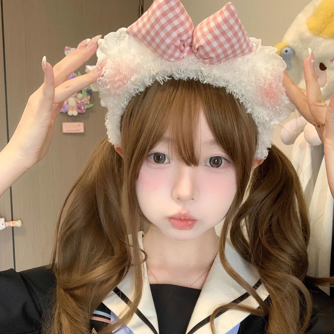 蝴蝶结粉色毛绒可爱小熊发箍女耳朵蕾丝压发洗脸头箍发卡头饰新款