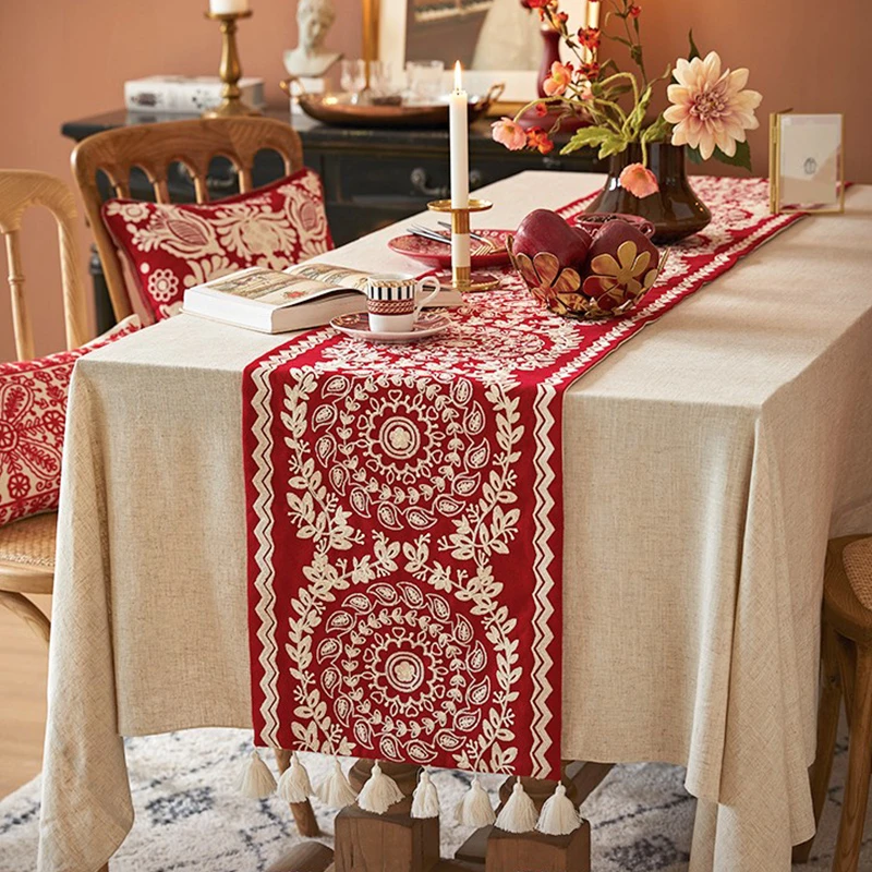 蜡笔派麦芒桌旗美式轻奢氛围感茶席桌旗斗柜盖布绣花茶几盖布