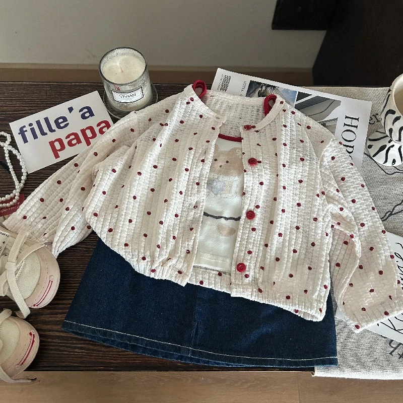 女童春装套装2025新款韩版波点开衫牛仔短裙三件套