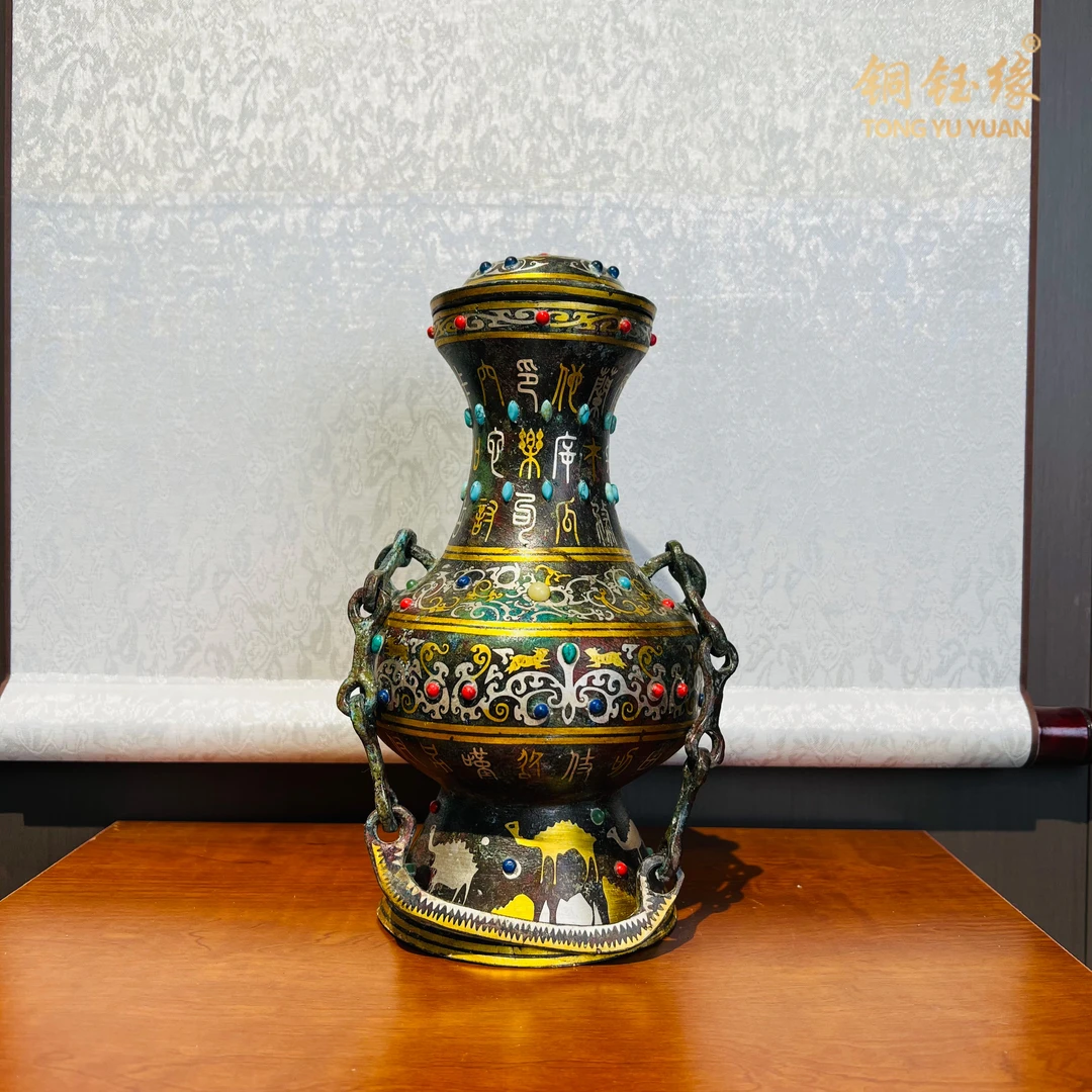 手工纂刻错金装饰铜摆件提梁壶 摆件工艺收藏品仿古青铜家居装饰