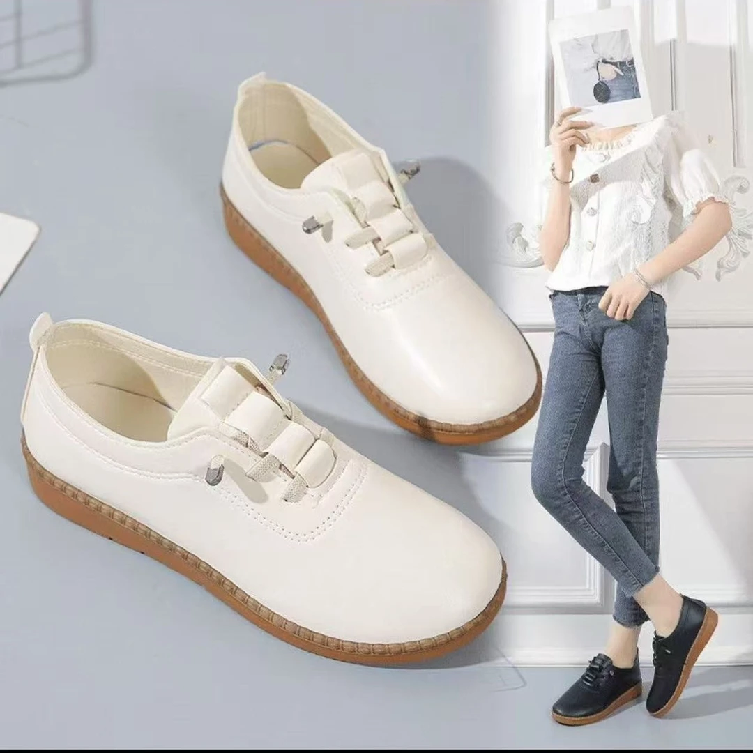 新款春夏舒适平底休闲女鞋小白皮鞋百搭外穿一脚蹬纺织材料