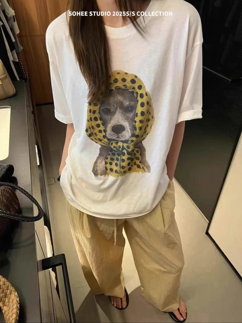 慵懒风狗狗印花中长款短袖T恤女2025夏季新款休闲宽松百搭上衣潮