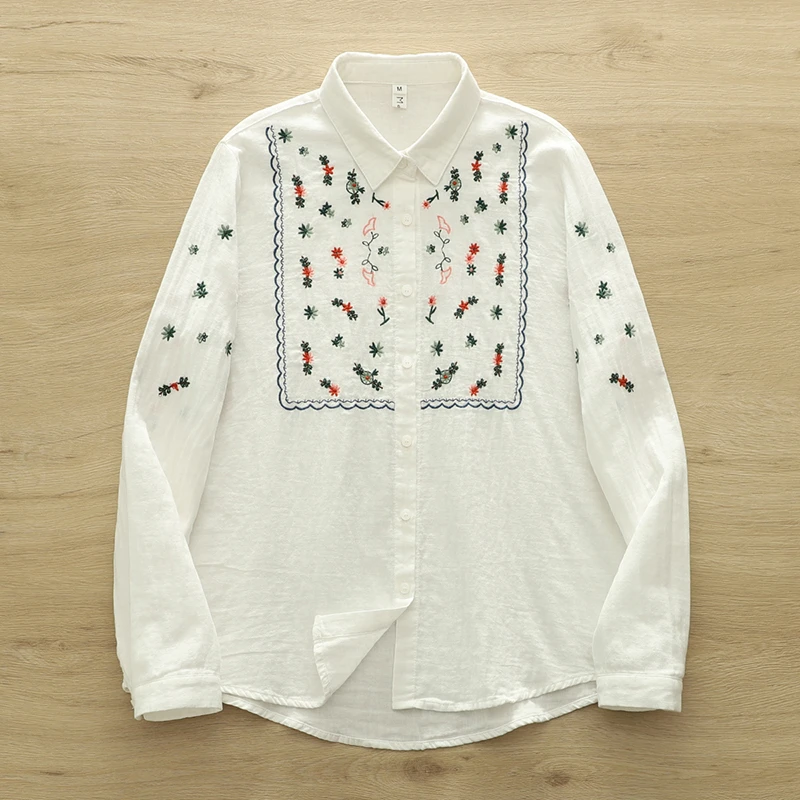 春款女装甜美碎花刺绣衬衫百搭翻领长袖双层棉纱绣花衬衣2050