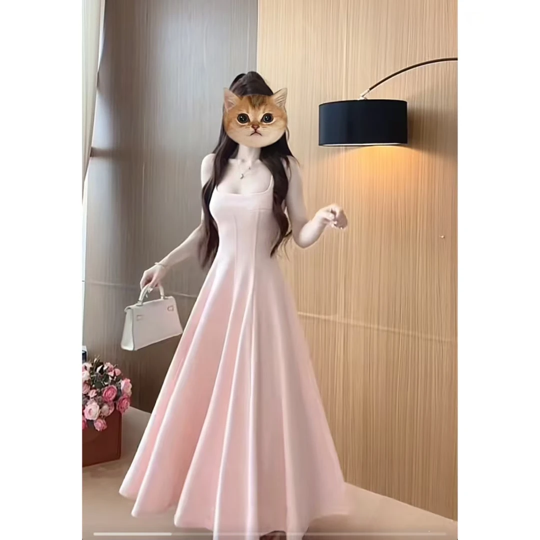 法式方领吊带背心裙修身长裙气质收腰a字裙