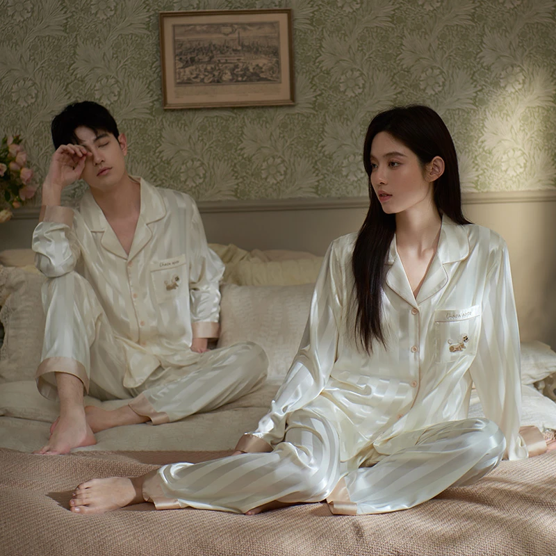 马克公主情侣夏天睡衣春夏季冰丝条纹长袖可爱女款凉感家居服男