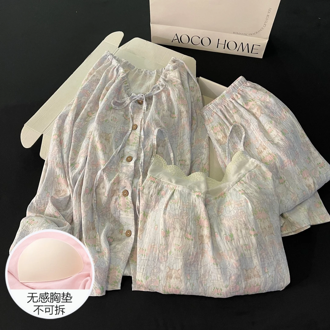 云朵棉睡衣女春秋季带胸垫大码舒适吊带长裤三件套装花朵猫家居服