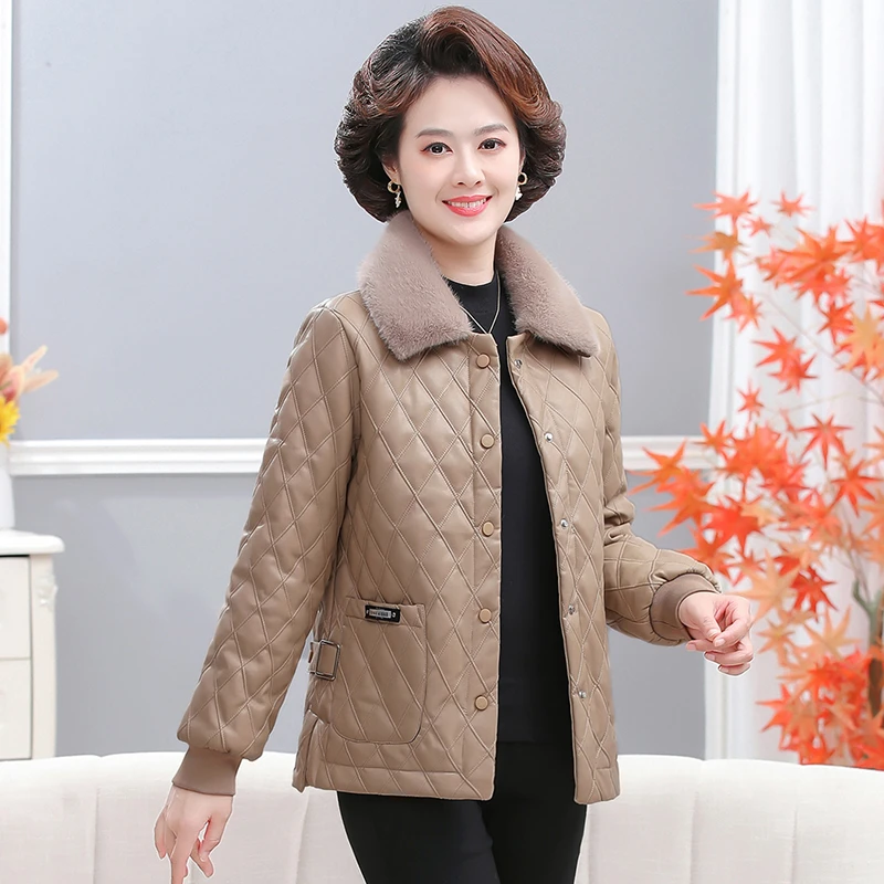 冬季新款保暖皮衣妈妈装棉服加绒加厚女士气质毛领外套