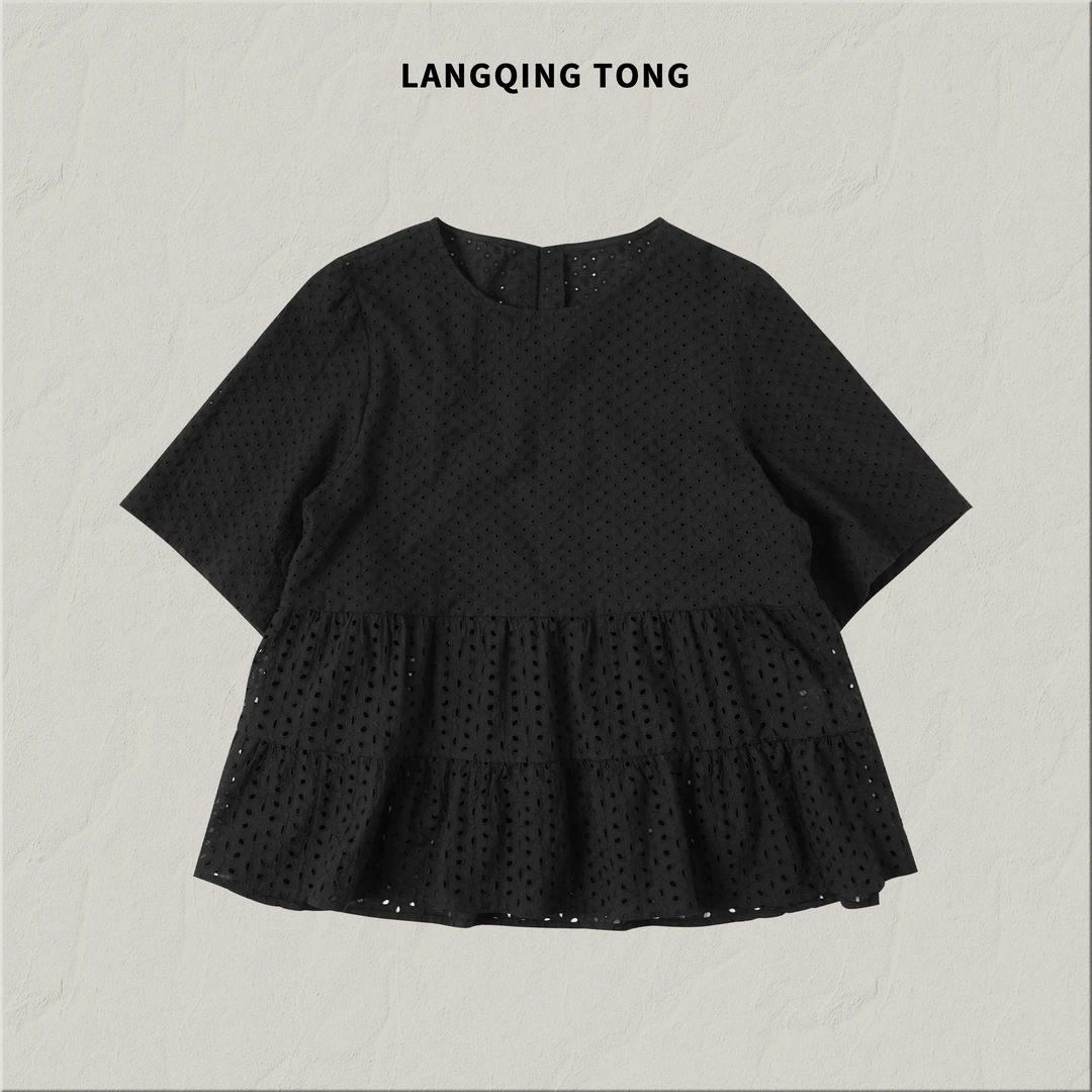 浪清/女装推荐 卡芸婕设计感镂空裙摆上衣44702#2025夏新款短袖t