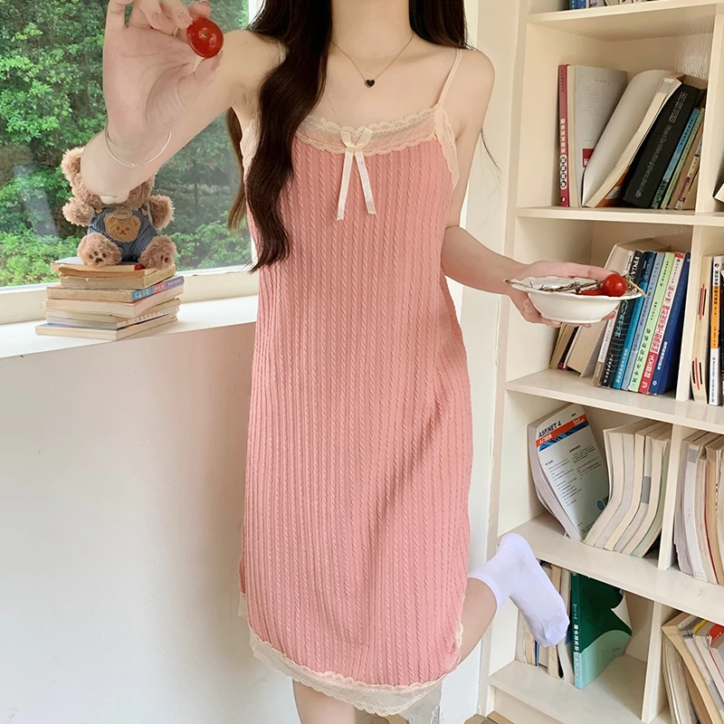 吊带睡裙女款夏季天棉质2025新款公主风蝴蝶结性感带胸垫豆沙睡衣
