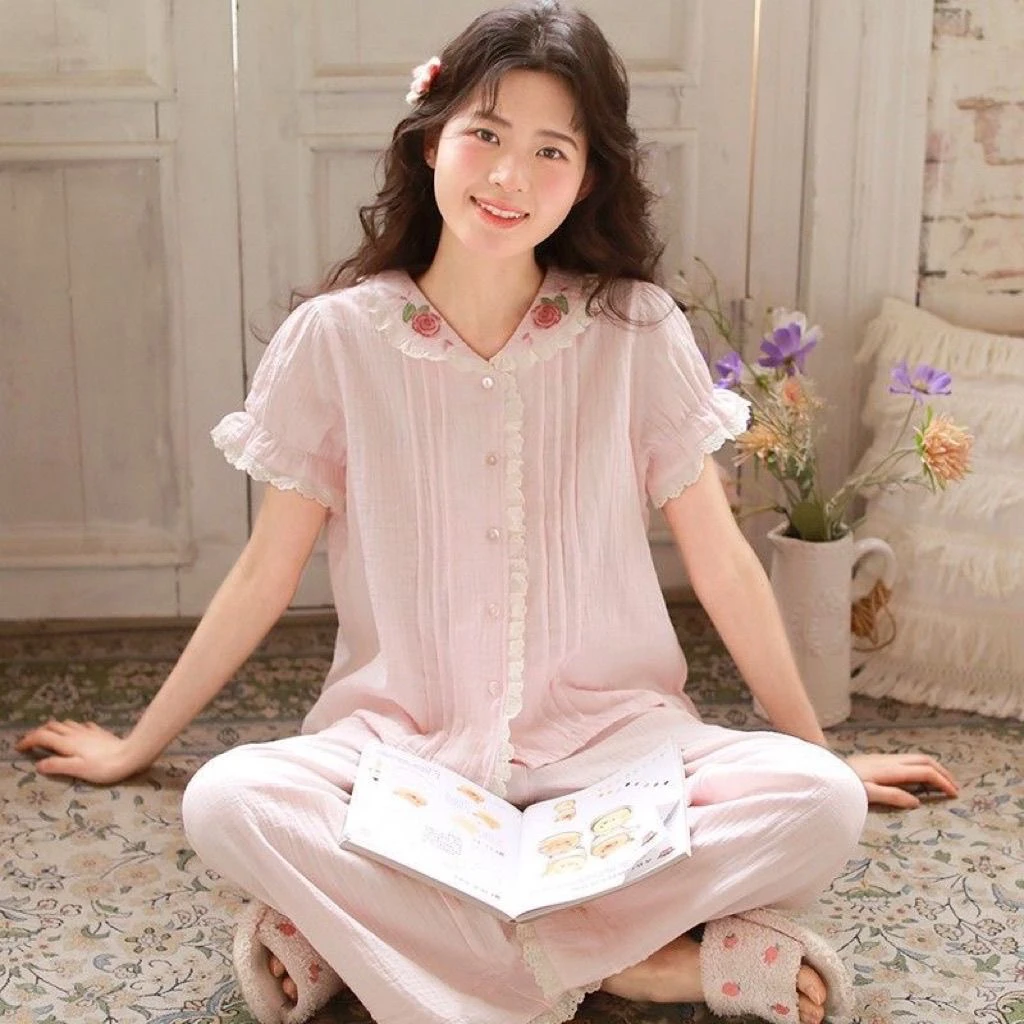 夏季新款睡衣女纯棉纱布薄款可爱短袖长裤甜美家居服套装可外穿