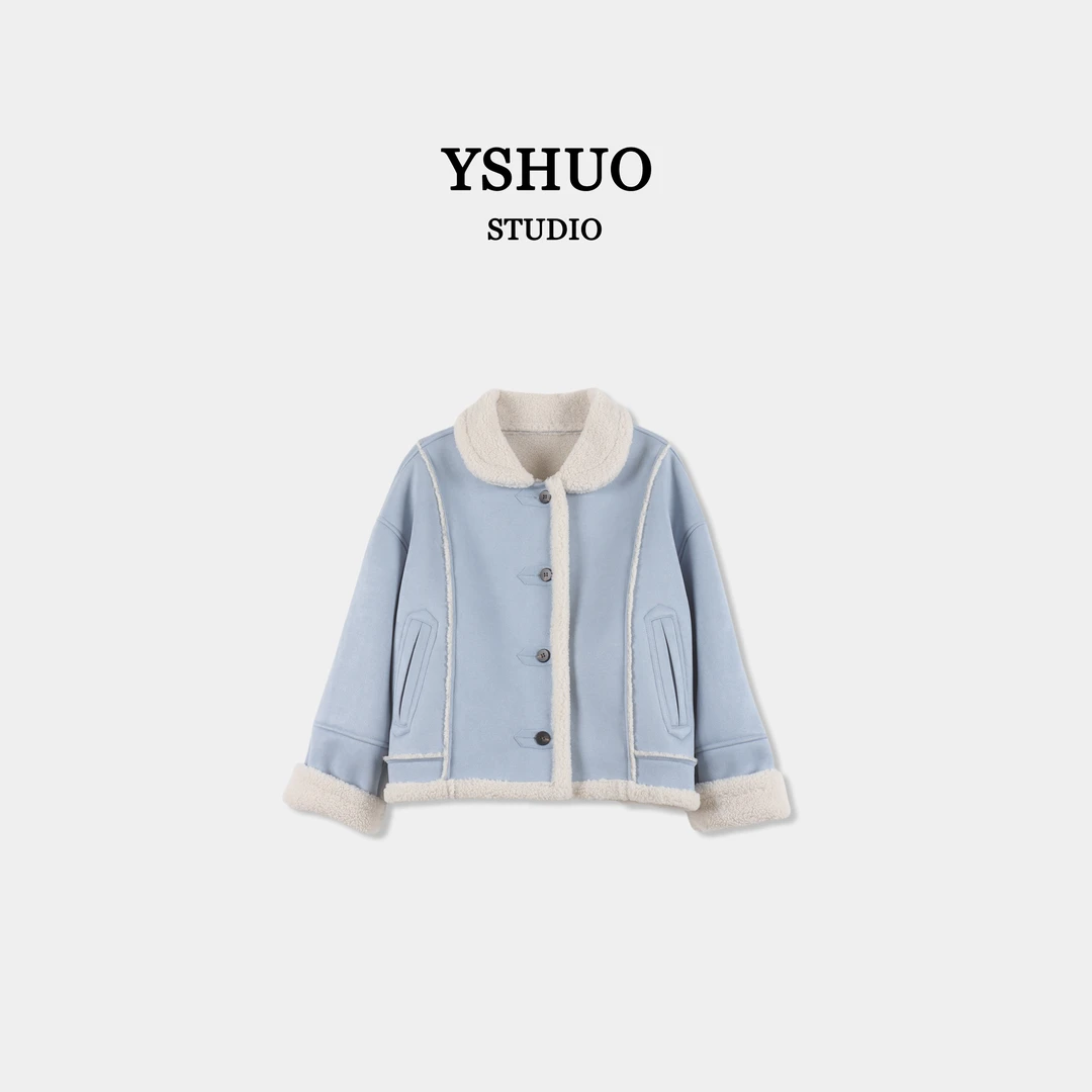 【海盐薄荷】冬季新款蓝色加厚单排扣翻领短款外套 6637