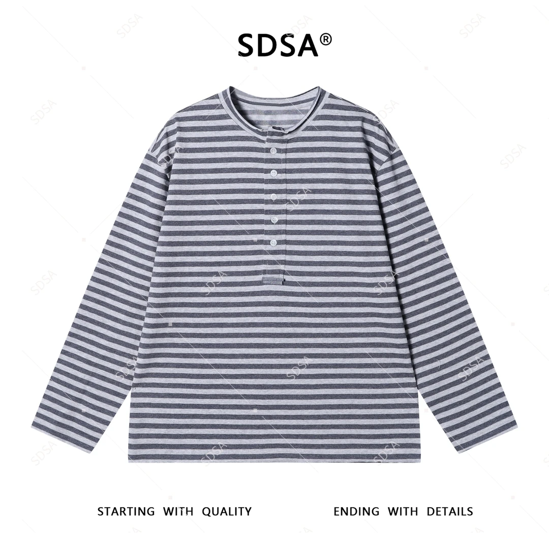SDSA男士长袖t恤2025新款轻奢痞帅男装撞色条纹半纽扣圆领上衣潮