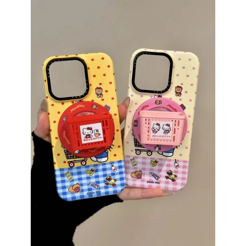 卡通撞色格纹波点购物车猫咪磁吸适用iPhone17promax苹果15手机壳