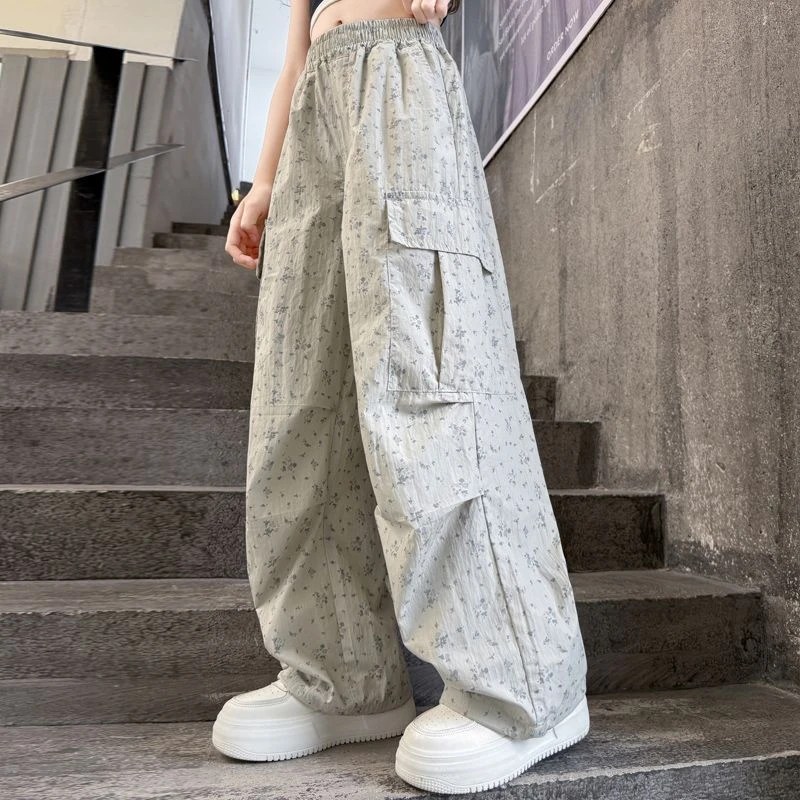 女童裤子夏季薄款工装裤2025新款中大童碎花长裤子韩系阔腿裤速干