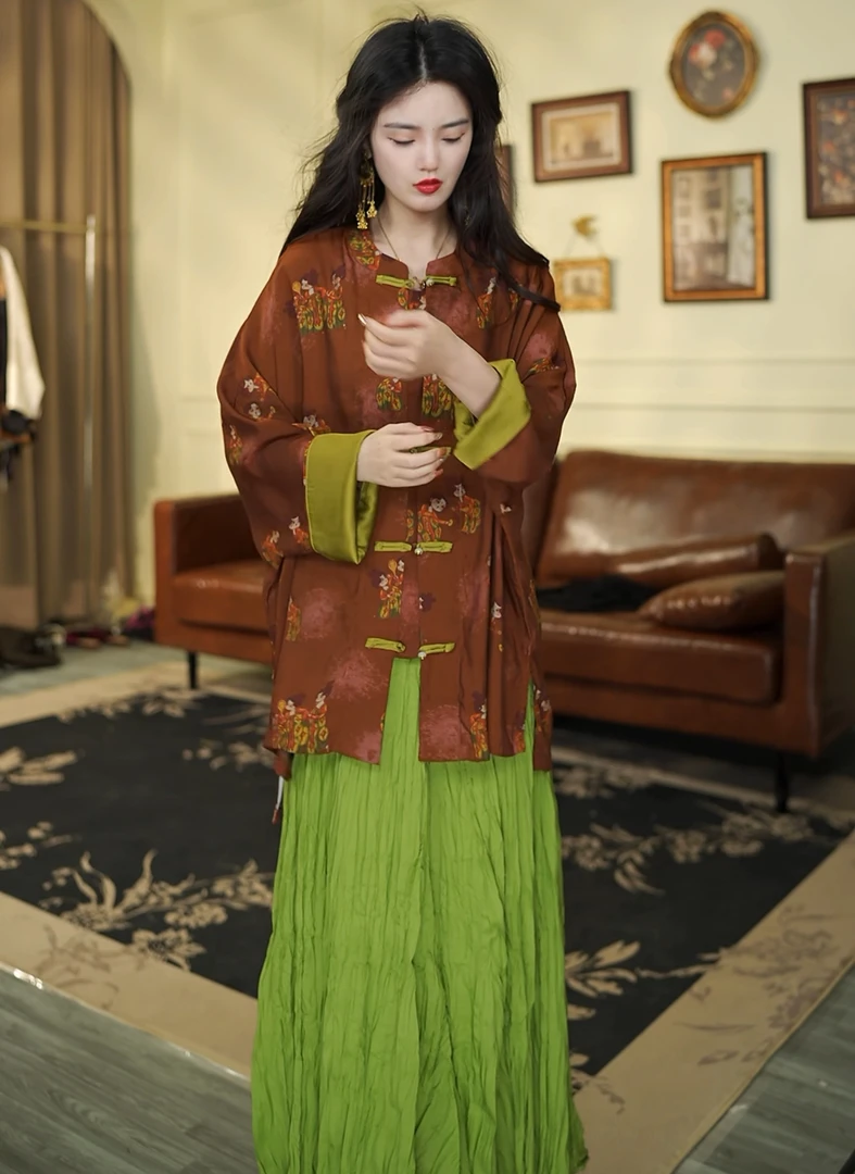 月畔湾【听松涧】新中式春夏国风复古盘扣印花气质长袖上衣女