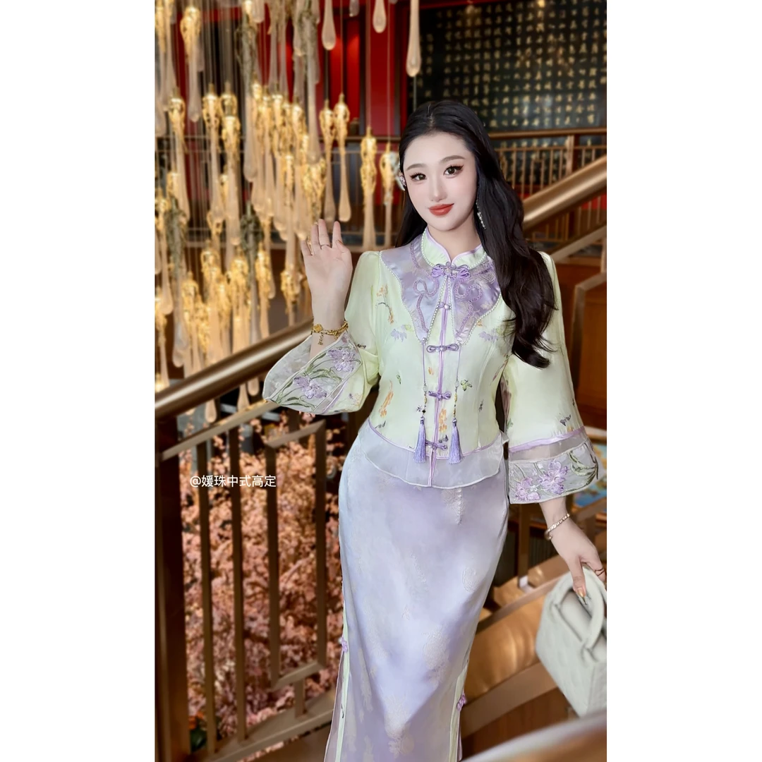 【媛珠 如意贵太】重工提花刺绣人丝手做吉祥锁新中式上衣+半裙套装