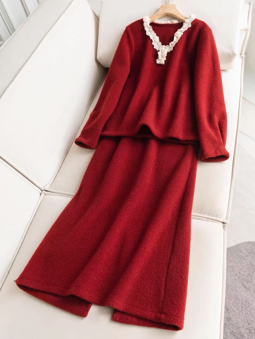 【晨浠定制】新款时尚圆领拼蕾丝毛衣半裙套装6827