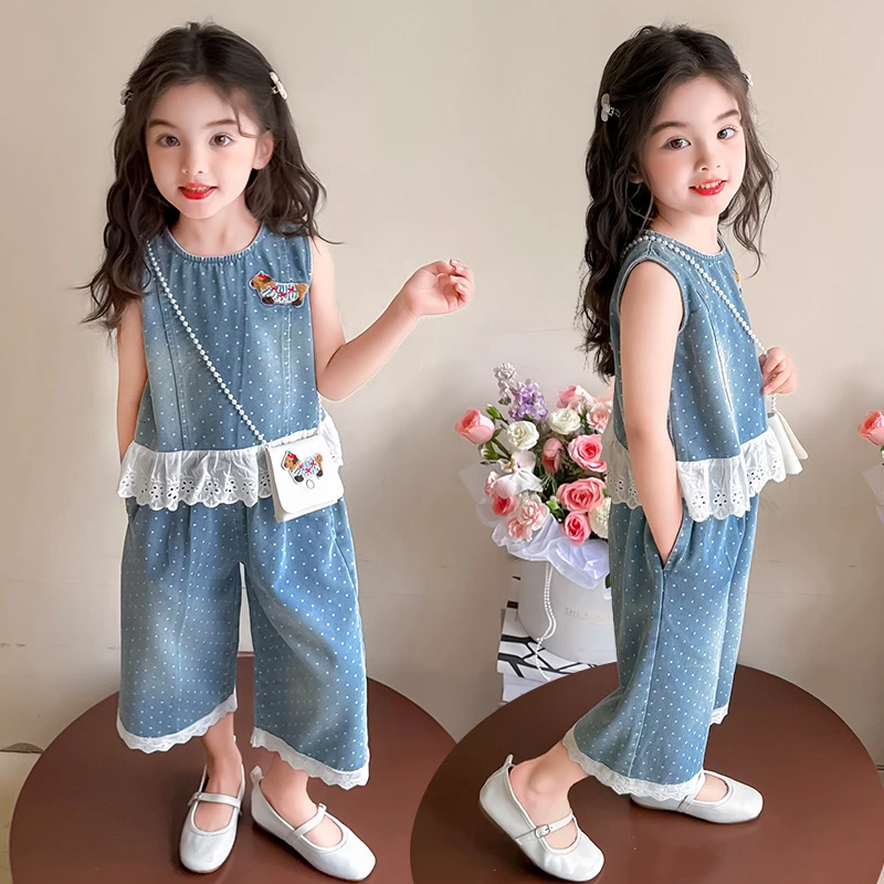 小女孩夏装洋气无袖薄款牛仔套装女宝宝阔腿裤两件套2025夏季新款