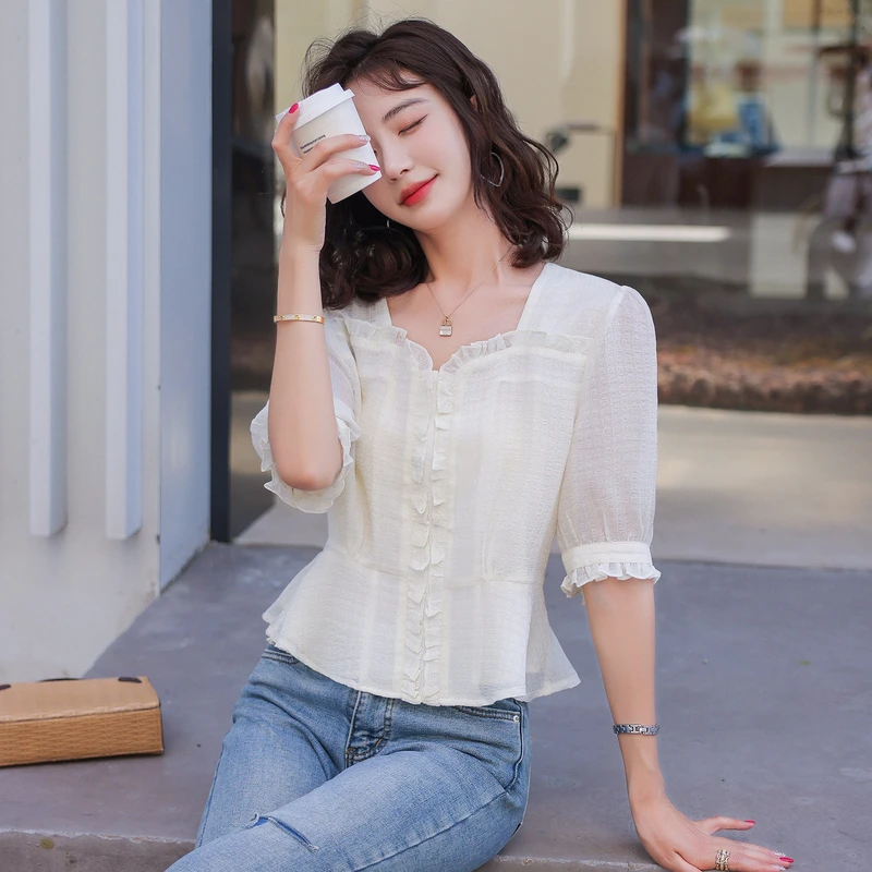 法式气质花边短袖衬衫