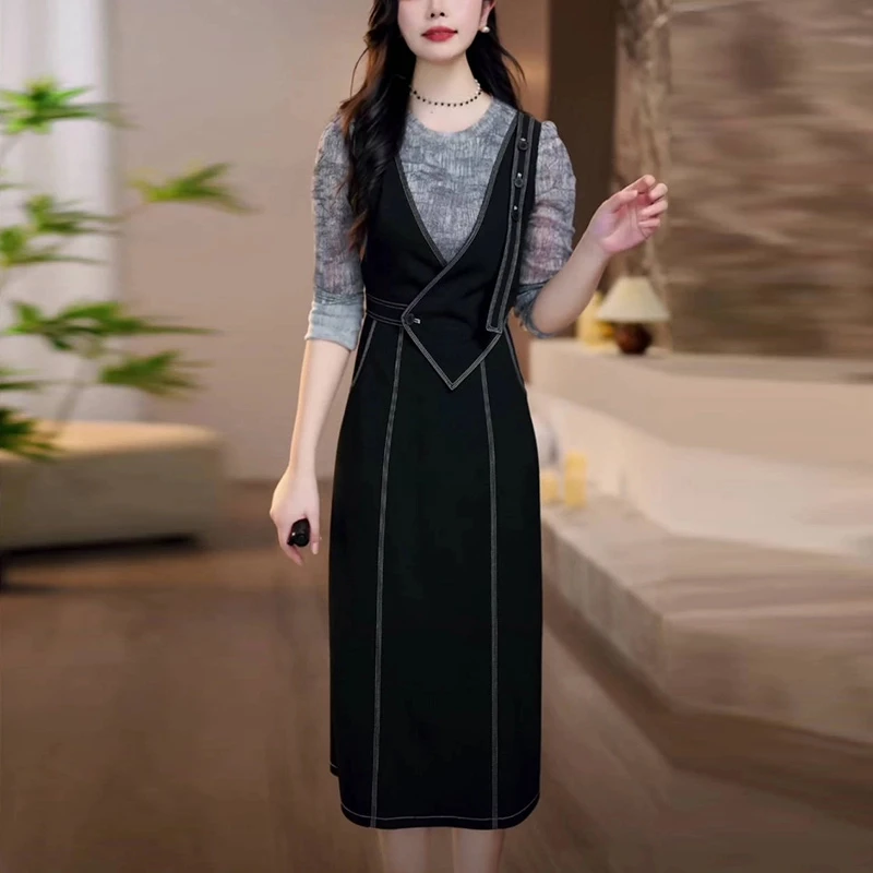 2025新款春季时尚裙子女款爆款高级感洋气质修身显瘦假两件连衣裙