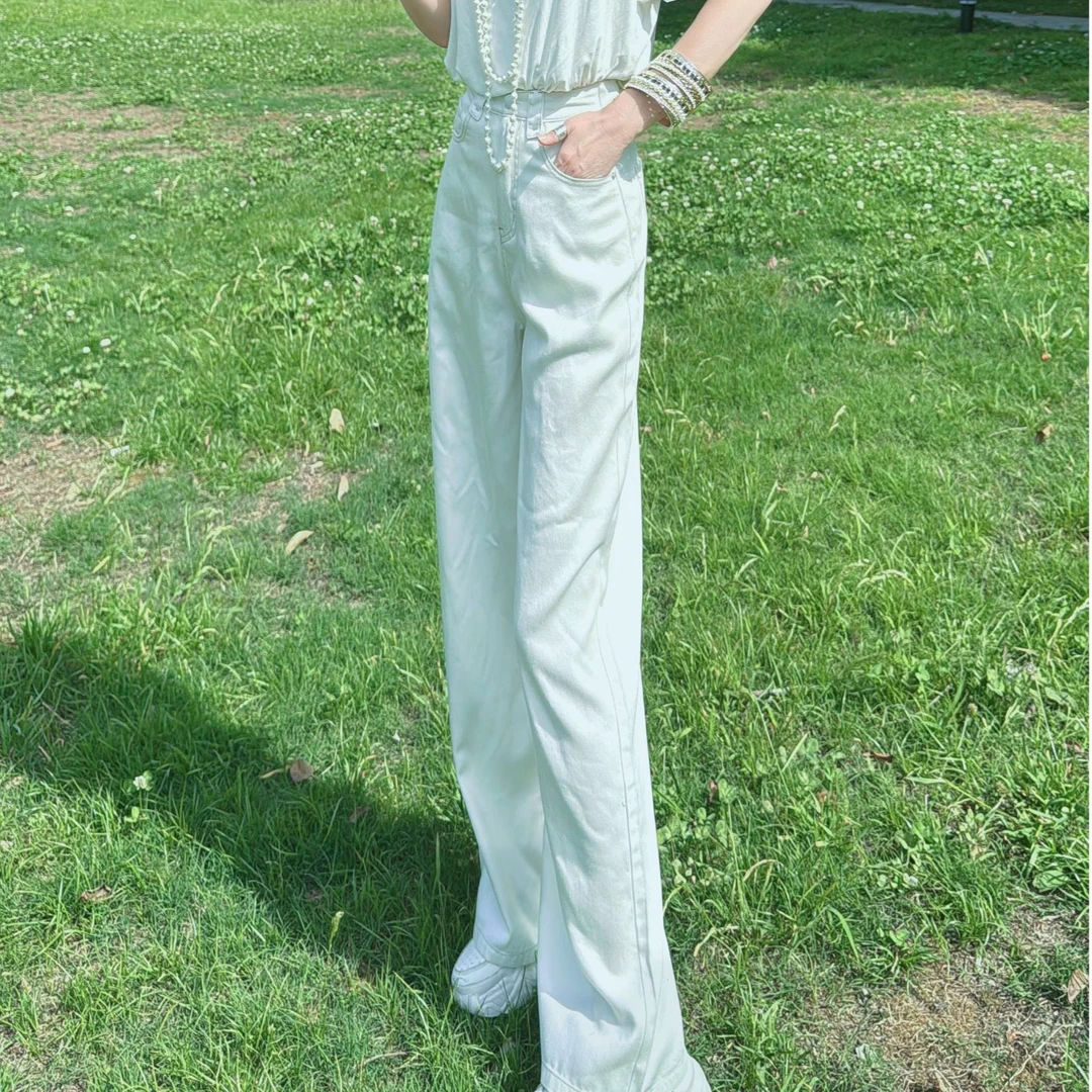 M52B019慕之淇莱赛尔薄款凉感飘逸直筒松紧腰显瘦拖地牛仔裤