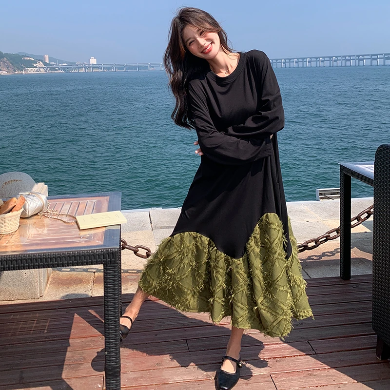 法式撞色拼接长袖连衣裙女2025春秋新款设计感小众宽松显瘦鱼尾裙