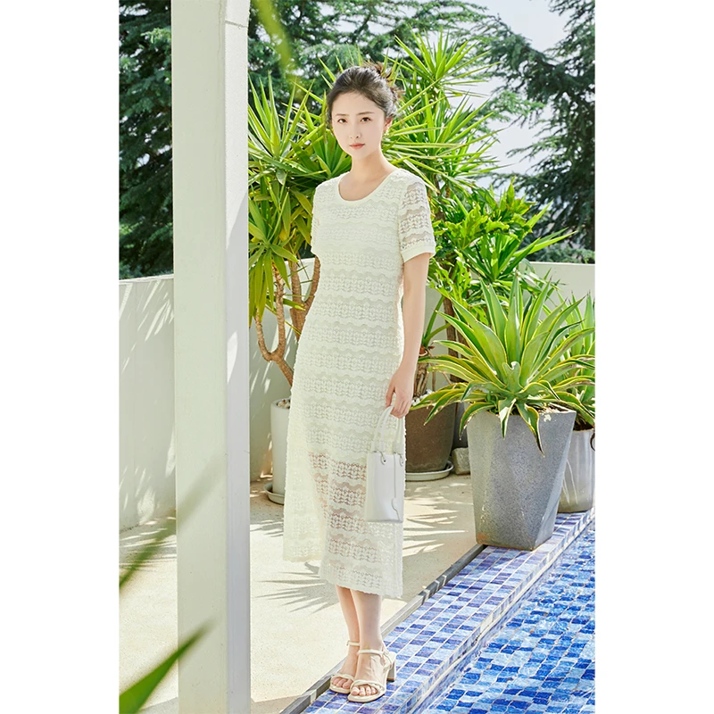 朵以2025夏季新款短袖直筒连衣裙蕾丝长裙39DX830013