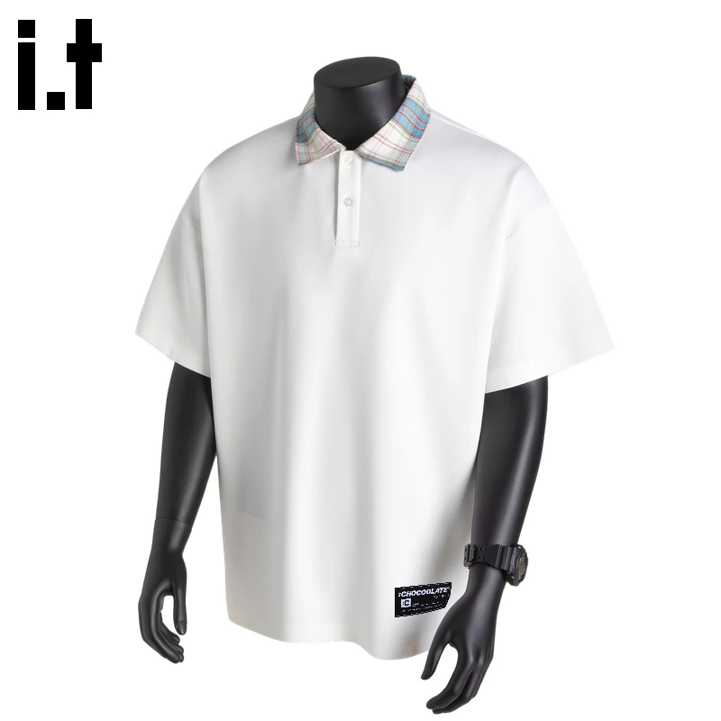 i.t:CHOCOOLATE冰丝polo衫男士2025夏季薄款格子翻领宽松短袖上衣