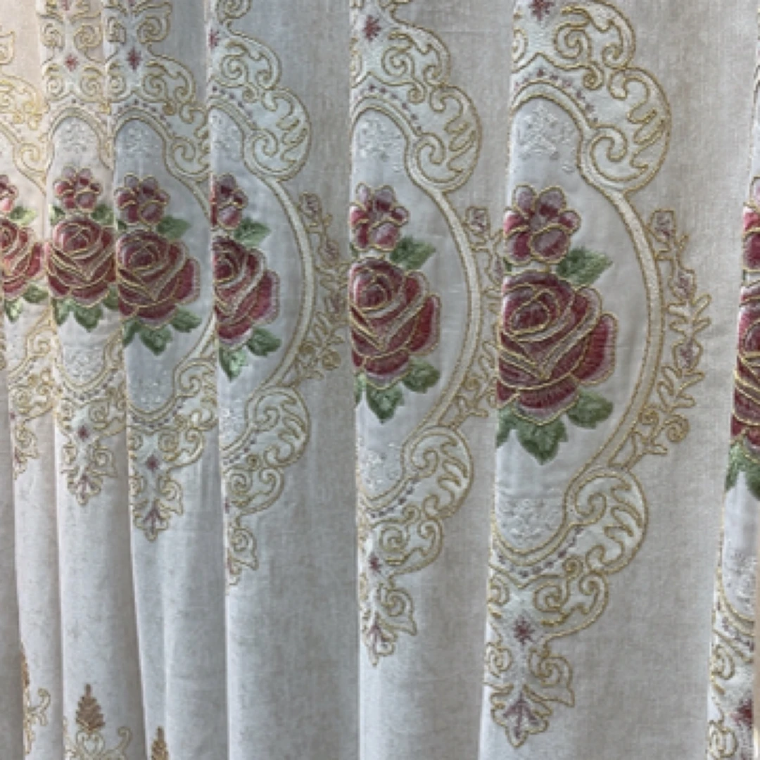 米白色羊绒雪尼尔盛世牡丹绣花客厅阳台卧房窗帘窗纱