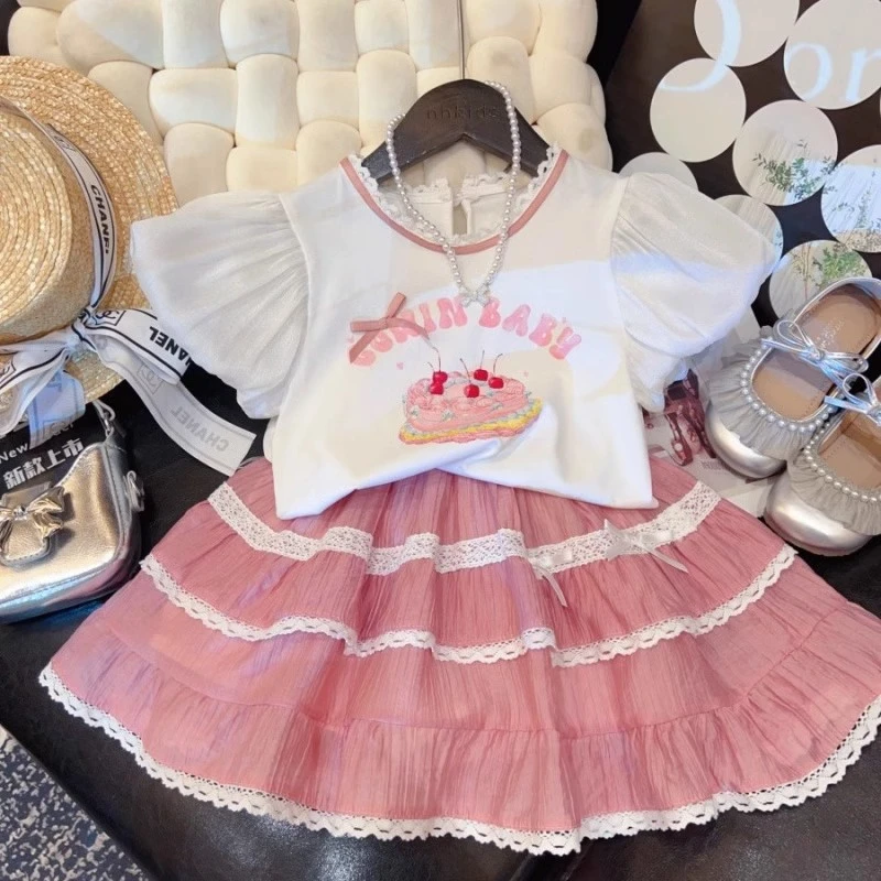 女童蕾丝短袖蛋糕裙套装2025季新款小女孩花边上衣蓬蓬裙两件套