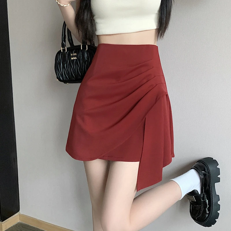 高腰不规则褶皱短裙女夏季设计感韩版休闲百搭a字半身裙包臀裙子