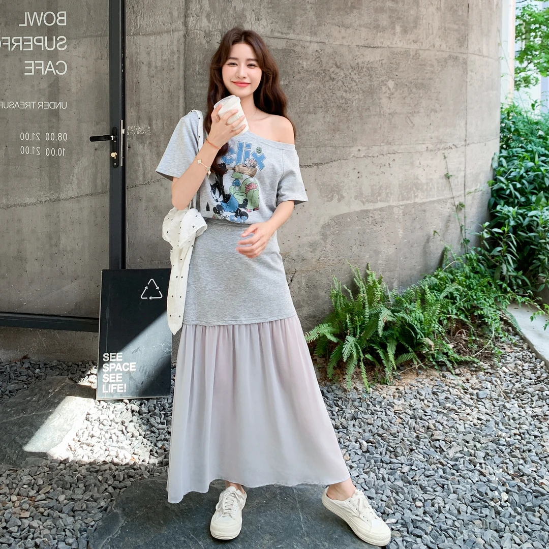 韩系印花露肩短袖半身裙套装女2025夏季新款慵懒感遮肉显瘦两件套