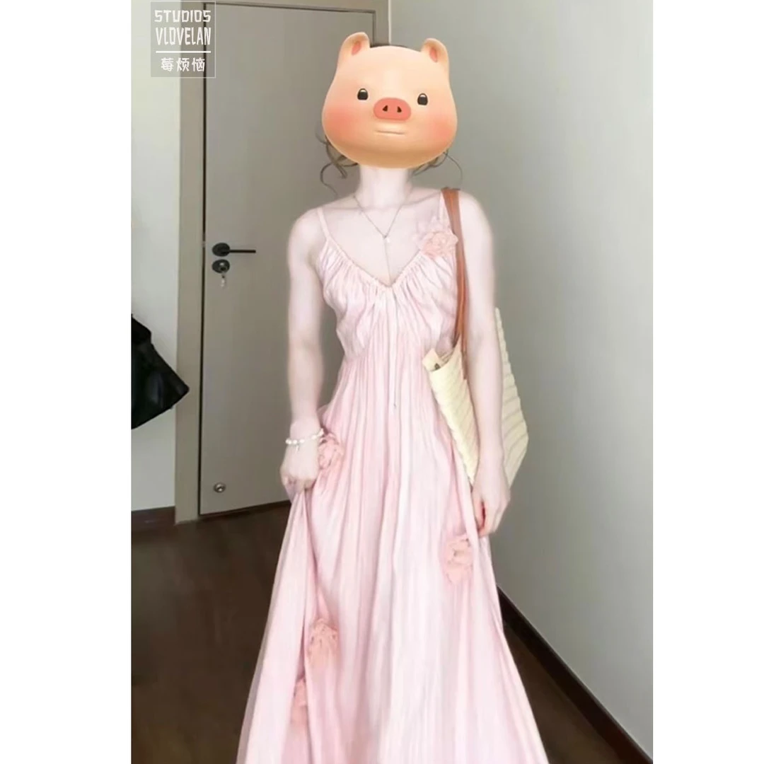 1547度假风沙滩长裙女装2025夏季新款粉色花朵v领仙气吊带连衣裙