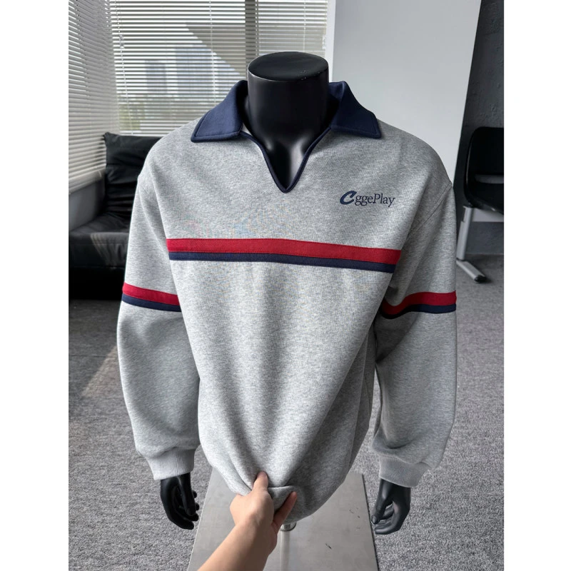 美式复古秋新款半开领polo领灰色卫衣长袖男女宽松轻奢痞帅男装