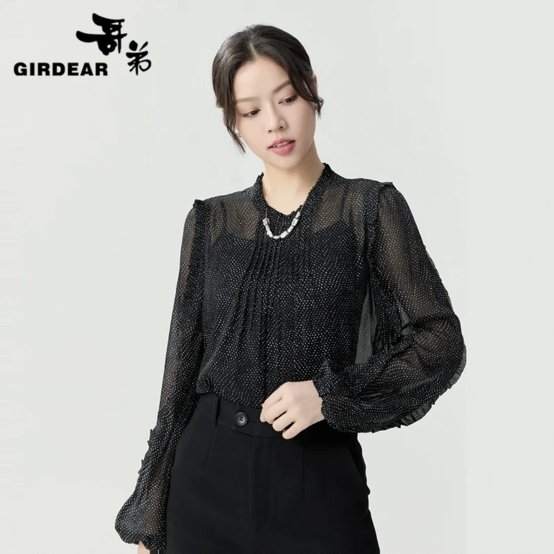 GIRDEAR/哥弟夏季通勤轻薄女黑色气质小系带两件套衬衫1301039