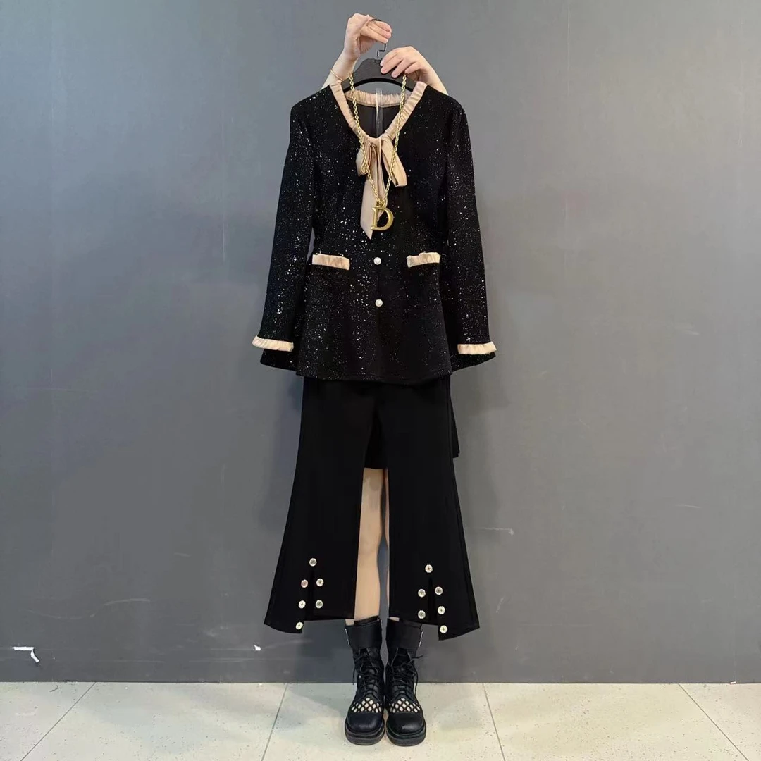 大码胖ＭＭ蝴蝶结领细闪上衣微喇叭裤洋气套装（可单拍）