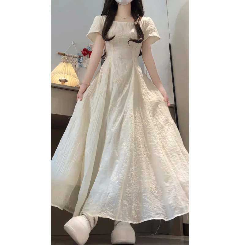 大码夏季新款蕾丝方领法式温柔风连衣裙仙女初恋感气质小白裙长款