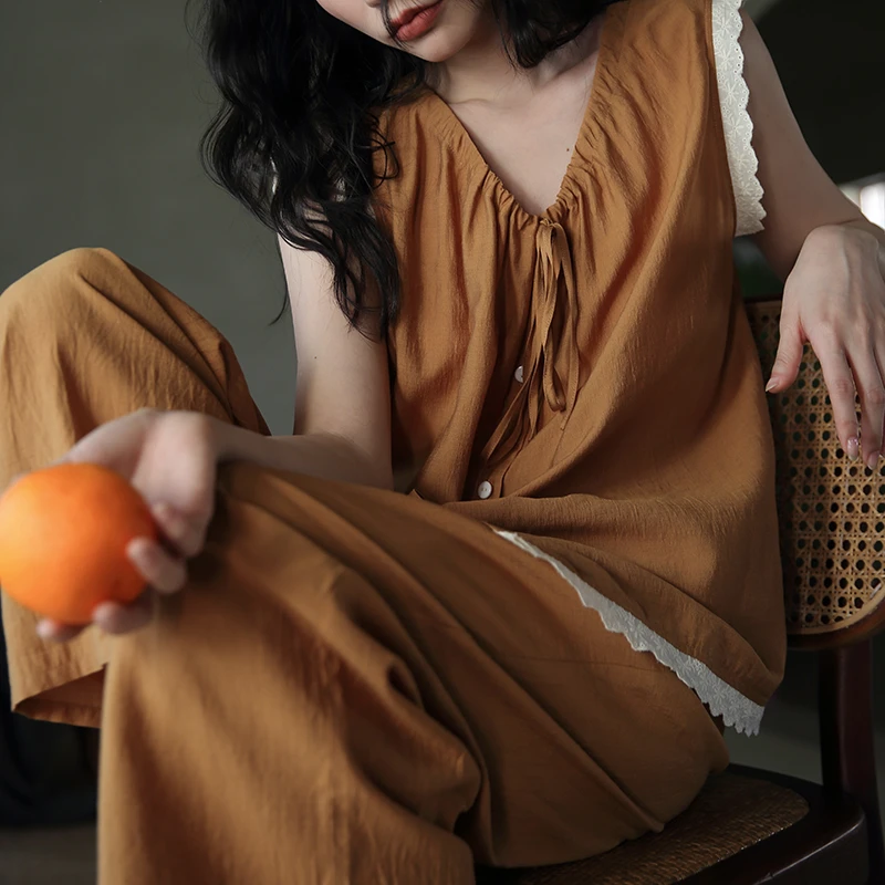 休闲夏季薄款V领纯色睡衣无袖长裤春夏家居服套装24320