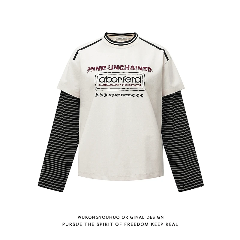 悟空有货美式复古字母条纹假两件长袖T恤男潮牌宽松休闲打底上衣