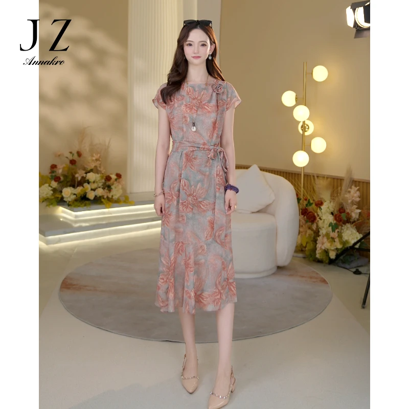 JY玖姿安娜寇KTFX500299法式名媛风印花时尚收腰休闲连衣裙2025