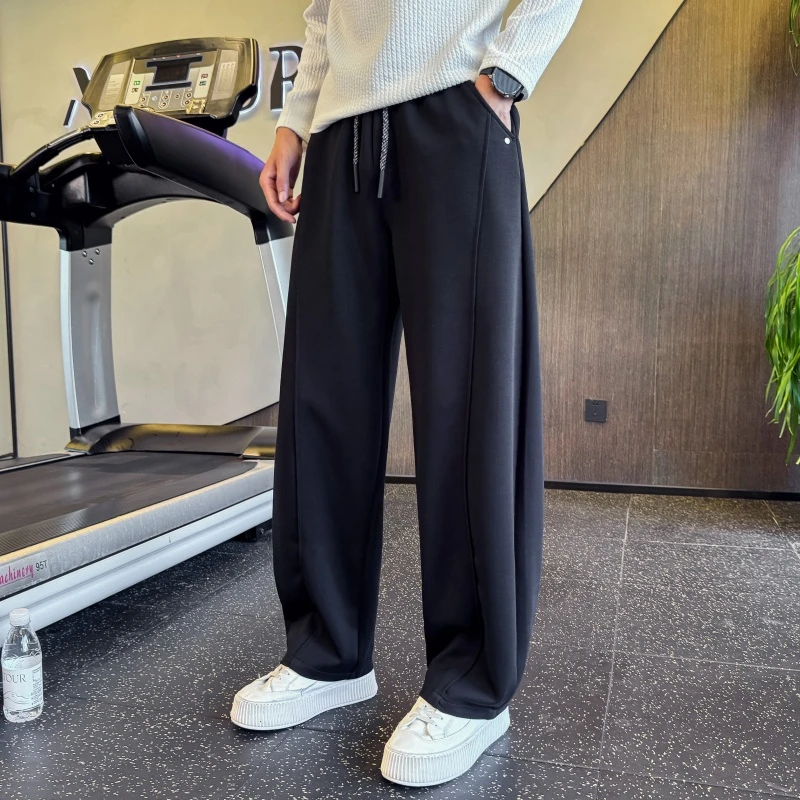 黑色卫裤男生春秋季宽松运动裤直筒垂感裤子抽绳百搭简约休闲长裤