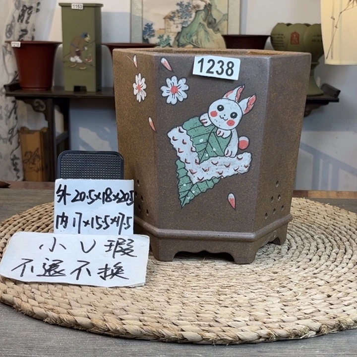 紫砂花盆 微微瑕柴烧彩绘六方1238