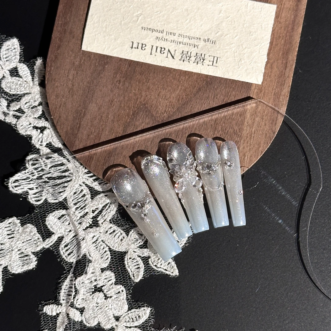 正禧禧|轻奢（冰蓝蝴蝶）华子钻|纯手工定制美甲拆卸穿戴甲
