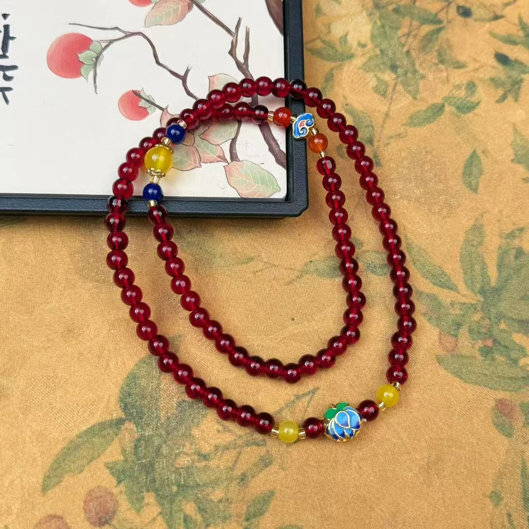 s1128景泰蓝莲花多圈石榴石手串(无礼盒)